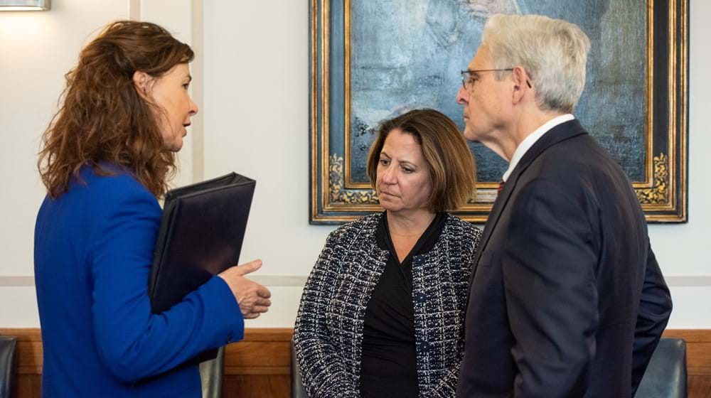 Lord Advocate Dorothy Bain KC with US Deputy Attorney General Lisa Monaco and Attorney General Merrick Garland