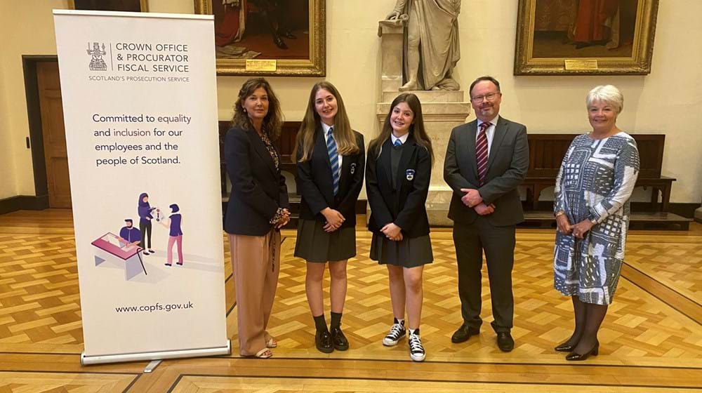 Winners of Public Speaking Competition shown with the Lord Advocate, Crown Agent David Harvie and Lesslie Young, Chief Executive of Epilepsy Scotland